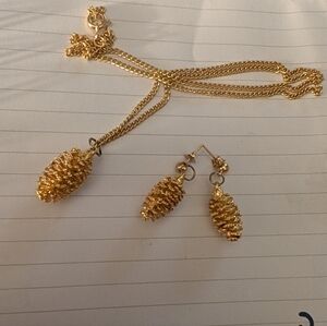 Gold Pinecone Pendant Necklace with Matching Drop Earrings - Women's Jewelry